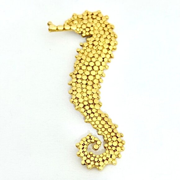 Large Gold Tone Textured Seahorse Brooch - 4" x 1.5" - Picture 2 of 7